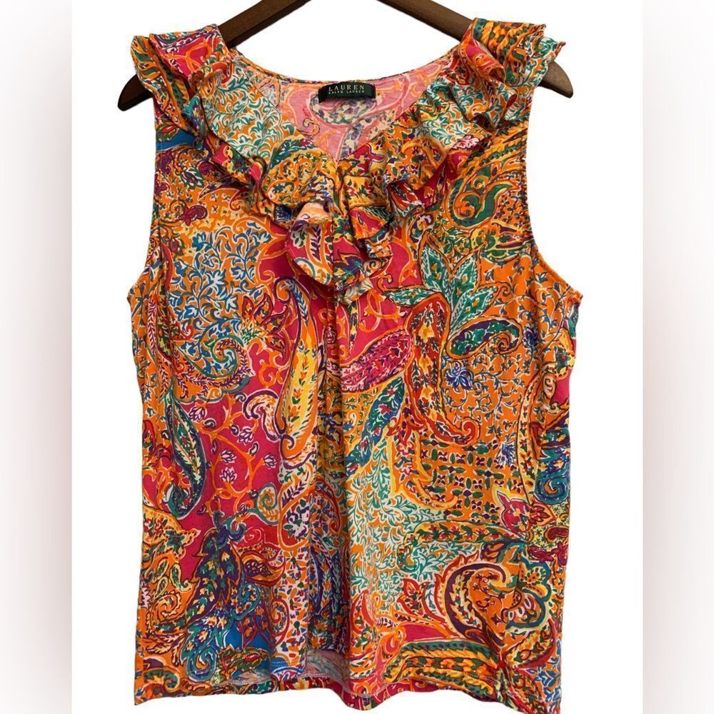 Lauren Ralph Lauren Sleeveless V-Neck Ruffle Top Colorful Paisley M/L